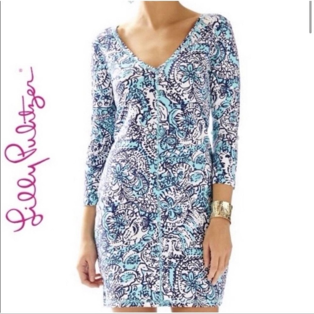 NWT Lilly Pulitzer Juliet 3/4 Sleeve Dress Shorely Blue Hippy Hippy Shake-Size S